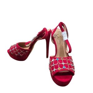 Elegant Red Stiletto Heels with Gem Accents. Red Suede